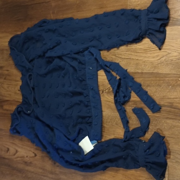 Tularosa Navy Blue Sheer Polka Dot Wrap Top KKK - Picture 8 of 8